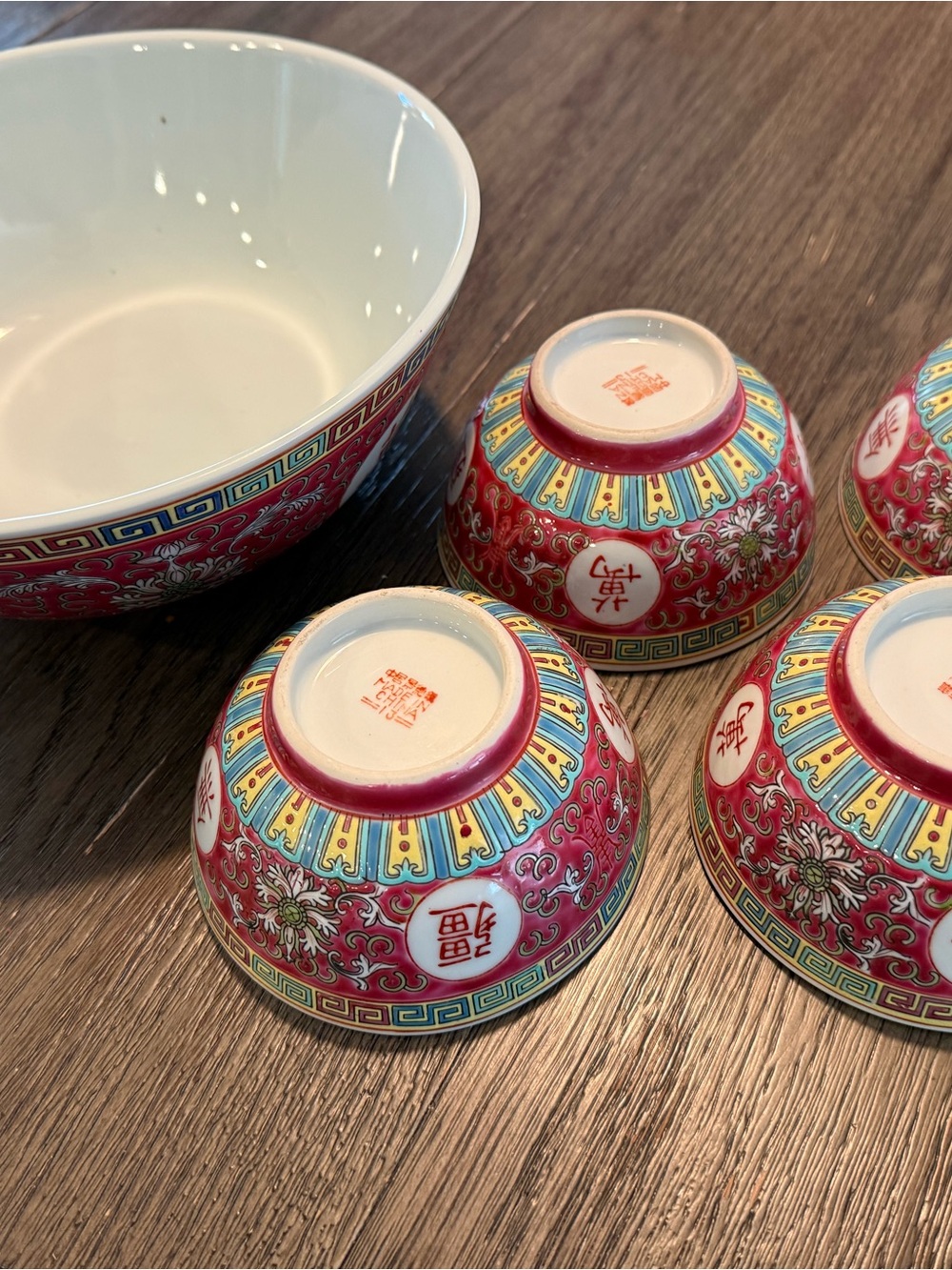Traditional Red Porcelain Rice Bowls with Multicolor Detailing